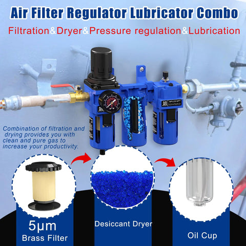 Three Eighths Inch NPT Air Compressor Water Separator Filter Regulator Lubricator Combo with brass filter visible