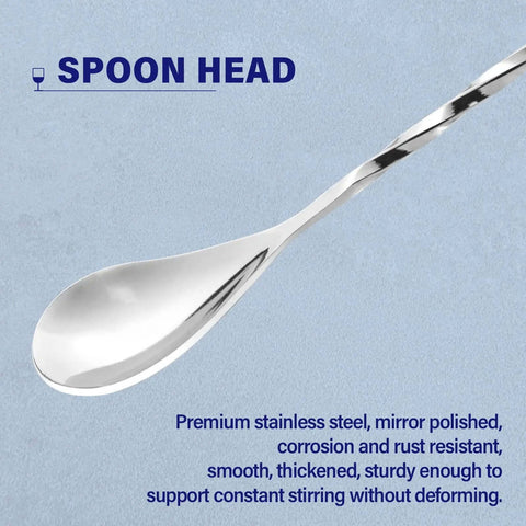 Close-up of 12 inch stainless steel bar spoon head with mirror polished 18/8 handle for cocktails and precise mixing.