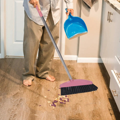 Long Handle Broom With Dense Stiff Bristles Heavy Duty Floor Sweeper Built For Yards Driveways Garages Low Bend Build in use on wood floor.