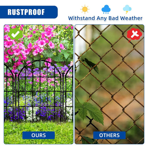 Comparison of 26 Pack Decorative Garden Fence 22 Inch By 28 Foot Arched No Dig Border Fence vs rusty chain link fence, rustproof feature
