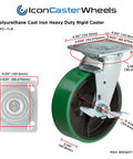 Beefy Four Inch Cast Iron Caster Set With Swivel Top Lock Brake Wheels Green Non Marking Solid Wheel dimensions diagram