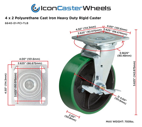 Beefy Four Inch Cast Iron Caster Set With Swivel Top Lock Brake Wheels Green Non Marking Solid Wheel dimensions diagram