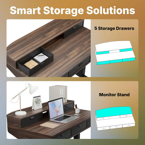 Heavy Duty Electric Standing Desk 48 By 24 Inch With Four Built In Drawers For Smart Storage featuring walnut finish and organized storage.
