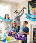 Six Pack Jumbo Flask Foil Balloons For Mad Scientist Party Decor with kids holding beaker mylar balloons at science birthday event.