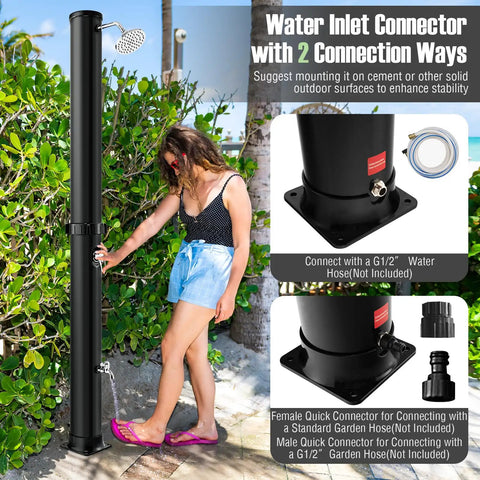 Woman using Solar Heated Outdoor Shower With 10 Gallon Tank 360 Degree Rotating Shower Head Foot Tap Freestanding 7.2 Ft Kit For Backyard Beach And Garden Easy Setup Black.