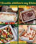 Collage of a stainless steel roasting pan with V-shaped and flat racks for casseroles, brownies, vegetables, and lasagnas.