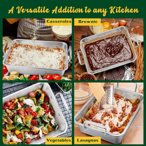 Collage of a stainless steel roasting pan with V-shaped and flat racks for casseroles, brownies, vegetables, and lasagnas.