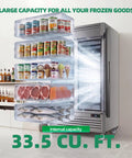 Heavy Duty Commercial Upright Display Freezer With Tempered Glass Door 33.5 Cubic Foot showing frozen food and drinks inside.