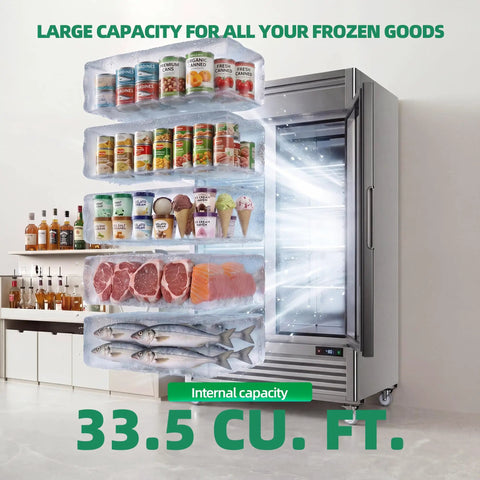 Heavy Duty Commercial Upright Display Freezer With Tempered Glass Door 33.5 Cubic Foot showing frozen food and drinks inside.