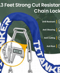 3.3 Feet Heavy Duty Bike Chain Lock With Key 6mm Thick Chain For Bicycle Motorcycle Door Gate Fence And Grill Security Anti Theft Blue Ideal For Daily Commute And Outdoor Storage Two Keys Included Waterproof And Portable, close-up showing drill resistance, anti-shearing, anti-cutting, and anti-rust features.