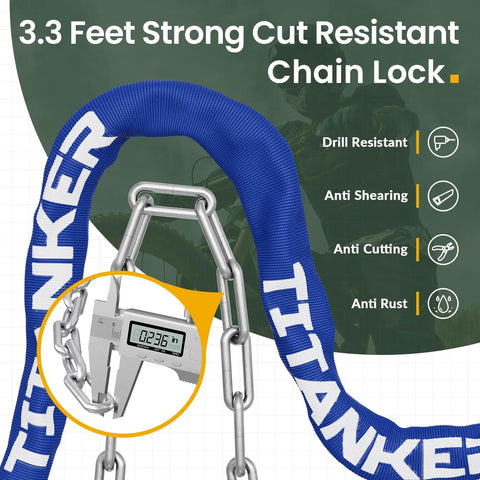 3.3 Feet Heavy Duty Bike Chain Lock With Key 6mm Thick Chain For Bicycle Motorcycle Door Gate Fence And Grill Security Anti Theft Blue Ideal For Daily Commute And Outdoor Storage Two Keys Included Waterproof And Portable, close-up showing drill resistance, anti-shearing, anti-cutting, and anti-rust features.