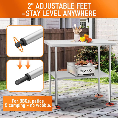 Stainless Steel Work Table For Food Prep And Heavy Duty Kitchen Station 24 By 36 Inches With Adjustable Undershelf Pro Grade Commercial Utility Table shown outdoors with adjustable feet for leveling.