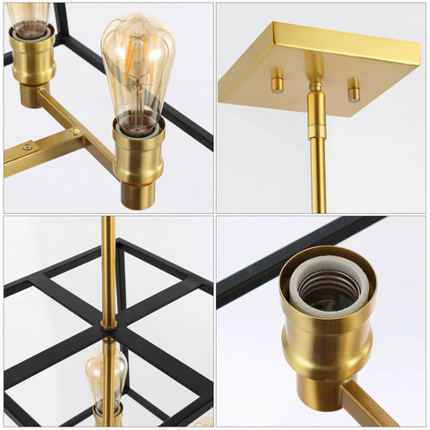 Close-up details of Black And Brass Farmhouse Industrial 4 Light LED Pendant For Kitchen Island And Dining Room, fixture parts.