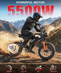 Rider on an Electric Dirt Bike With 5500W Peak Motor 40 MPH Top Speed 48V 30Ah Battery, navigating mountain terrain.