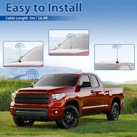 Go-To Dual Band Vehicle Ham Radio Antenna With Ground Planes Magnetic Base Mount For 136-174 MHz VHF And 400-470 MHz UHF Long Soft Whip 42 Cm Antenna 5m RG58 Cable PL259 Male Connector For Car Marine installed on a red truck