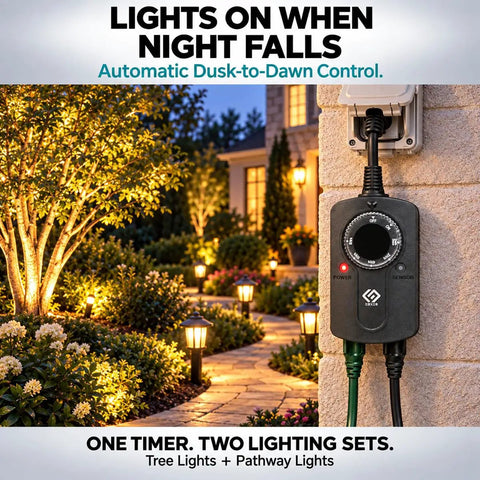Heavy Duty Outdoor Light Timer Featuring Dusk To Dawn Photocell Sensor And Dual Grounded Outlets Waterproof Build For Yard Decor, plugged in with pathway lights.