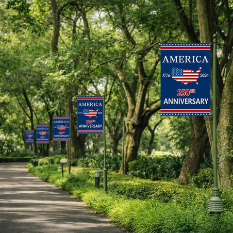 Double Sided 12x18 Inch USA Garden Flag Celebrating 250 Years Of Freedom Patriotic 1776 To 2026 Commemorative Banner in a park