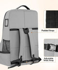 Back view of Gate Check Car Seat Travel Bag With Padded Interior For Air Travel Rugged Car Seat Carrier Backpack, grey with straps.