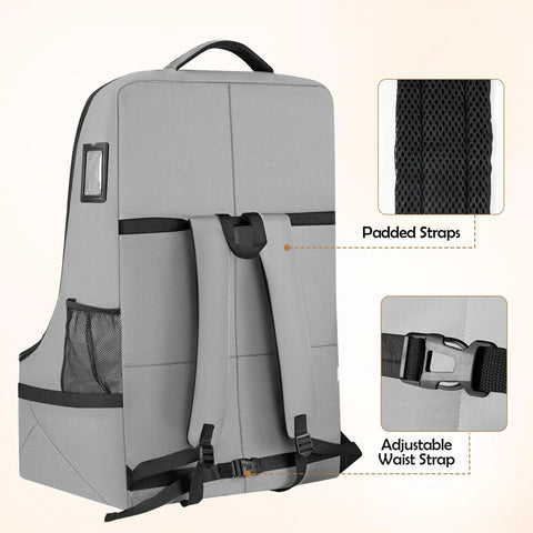 Back view of Gate Check Car Seat Travel Bag With Padded Interior For Air Travel Rugged Car Seat Carrier Backpack, grey with straps.