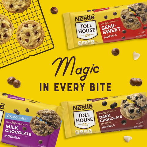 Assorted chocolate morsel packages with cookies, including Milk Chocolate Morsels For Baking 23 Ounce Gluten Free Chocolate Chips.