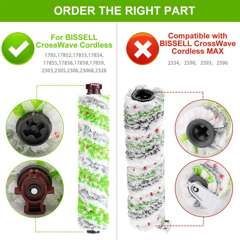 Comparison chart for Replacement Parts Kit For Bissell CrossWave Pet Pro 2306A And CrossWave 1785 Series brush rolls.