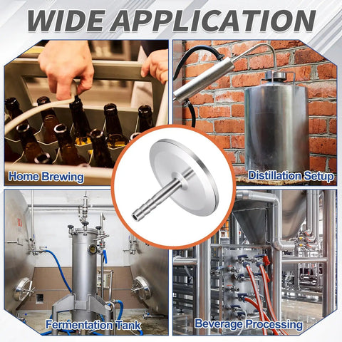 Top Shelf Pro Grade One Point Five Inch Tri Clamp To Quarter Inch Hose Barb Adapter Connector Solid SUS304 Stainless Steel in brewery setup.