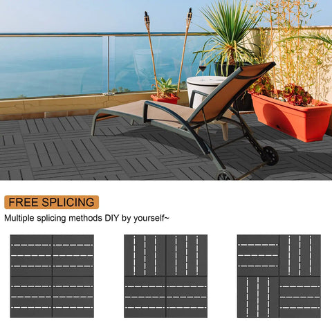 Interlocking Plastic Deck Tiles 12x12 Inch, 36 Pack Waterproof Outdoor Flooring used on patio with lounge chair and plants