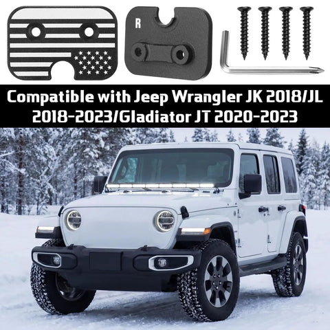 Jeep Wrangler in snow with door hinge mounts and screws for Jeep Wrangler JK 2018/JL 2018-2023, Gladiator JT 2020-2023 in top corner