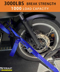 Heavy Duty Motorcycle Tie Down Straps Two Pack 1.5 Inch by 8 Foot Cambuckle Tie Down Set securing motorcycle wheel.