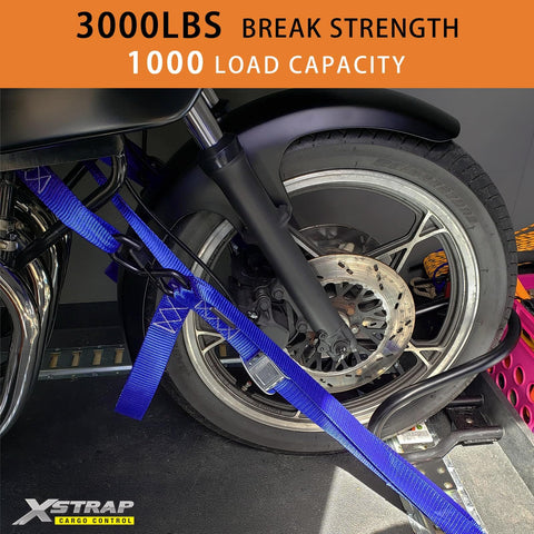 Heavy Duty Motorcycle Tie Down Straps Two Pack 1.5 Inch by 8 Foot Cambuckle Tie Down Set securing motorcycle wheel.