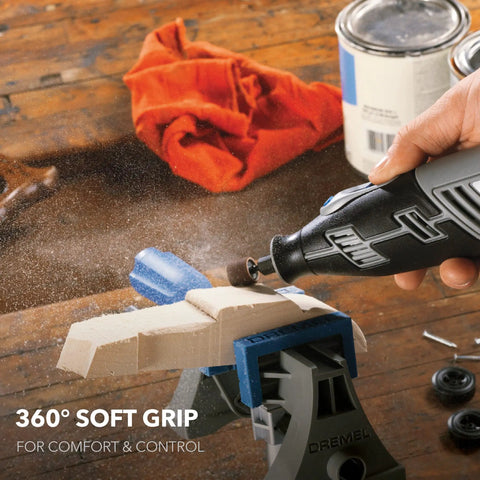 User operating 12 Volt Max Cordless Rotary Tool Kit With Battery And Carrying Case, 28 Accessories And 2 Attachments for sanding wood