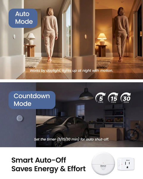 Wireless Motion Sensor Outlet With Detachable Sensor And Plug, 15A 1500W, adjustable modes in living room and garage setup.