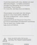 Packaging back panel for Cricut Fine Debossing Tip + QuickSwap Drive Housing, showing Cricut logo and bullet features