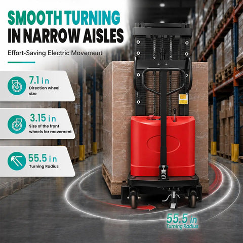Heavy Duty Electric Pallet Stacker Lift With 78.8 Inch Height And 3500 Lbs Capacity for warehouse logistics with narrow aisle turning.
