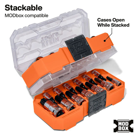 Knurled Torx Bit Socket Set T8 Through T60 For 1/4, 3/8 And 1/2 Inch Drives, Premium Cr-V Steel, MODBox Case open showing tools.