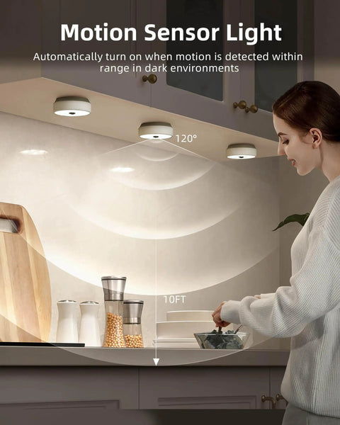 Rechargeable Puck Lights With Remote, Wireless LED Under Cabinet Lighting, illustrating motion sensor activation in kitchen