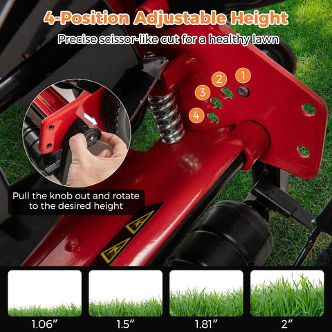Red 14 Inch 5 Blade Push Reel Mower With Removable Grass Catcher For Small To Medium Yards Durable Steel Blades Clean Cuts Easy Maneuver Quiet Eco Friendly Lawn Care, 4-position height adjuster