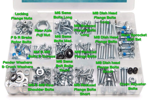 Replacement Fastener Kit For KX And KXF Dirt Bikes 1996 Onward with various Kawasaki bolts in labeled compartments.