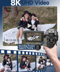 8K Ultra HD Video Camcorder for YouTube and Live Streaming with 75MP photos shown recording dual view, ideal for beginners