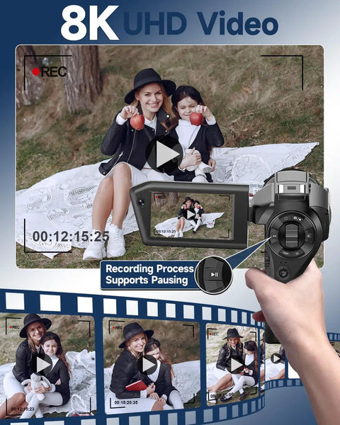 8K Ultra HD Video Camcorder for YouTube and Live Streaming with 75MP photos shown recording dual view, ideal for beginners
