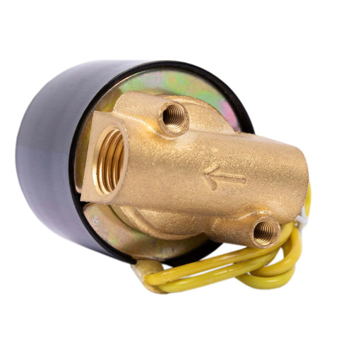 Copper Electric Solenoid Valve, Normally Closed, For Water, Air, And Gas Systems, 110V AC; side view showing NPT thread and connection fittings