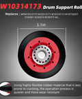 All-In-One Cabrio Dryer Repair Kit With 4 WPW10314173 Drum Support Rollers, showing 3.1in size, rubber material detail