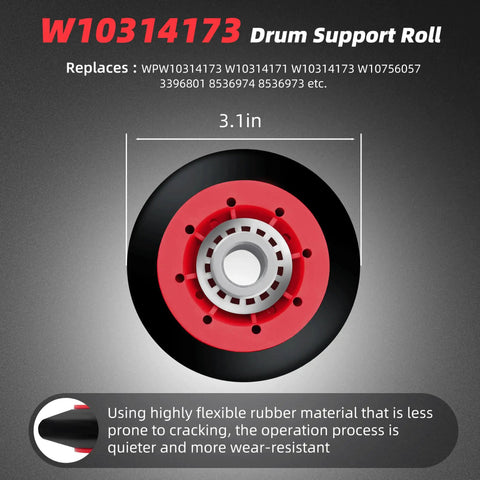 All-In-One Cabrio Dryer Repair Kit With 4 WPW10314173 Drum Support Rollers, showing 3.1in size, rubber material detail