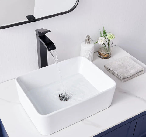 Rectangular Vessel Sink For Bathroom White Ceramic Above Counter Lavatory Basin 16 By 12 Inch Small Vanity Sink With Modern Sleek Look