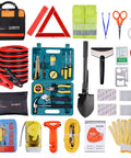Car Roadside Emergency Kit With Jumper Cables, Must Have Safety Roadside Assistance Gear, Reflective Triangle And Vest, Tow Rope, Tire Pressure Gauge, Winter Car Kit Essentials, Car Repair Tool Set And Folding Survival Shovel displayed on white background