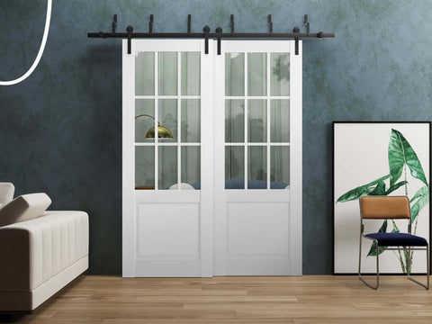 Felicia 3599 Bypass Barn Door Kit with clear glass and white solid wood panels, interior installation view, 84x96 inches classic style.