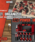 Power Tool Organizer With Charging Station And Heavy Duty Modular Wall Mount For Garage And Shed Eight Outlet Dock With Overload Protection Keeps 4 Drill Holders Ready To Roll And Gear All In One Place Perfect Fathers Day Gift For Dad Him Husband shown installed on wall with tools organized and plugged in.