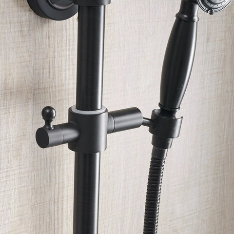 Close-up of oil rubbed bronze handheld spray on slide bar from Oil Rubbed Bronze Rain Shower System With 8 Inch Round Overhead Rain Shower Head And Handheld Spray Dual Function 2 Knob Mixer Wall Diverter Adjustable Slide Bar 27.5 To 47 Inches For A Modern Dope Bathroom Setup