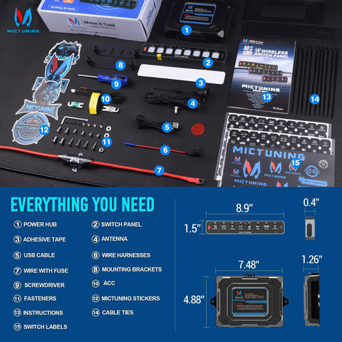 Components of 8 Gang Wireless Switch Panel For Off Road Trucks No Drill Slim Design With 208 Feet Range RGB Auto Dim Backlit