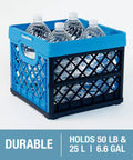 Neptune Blue Collapsible Milk Crate 3 Pack 25L Each shown holding water bottles; blue polypropylene, 50 lb capacity per bin.